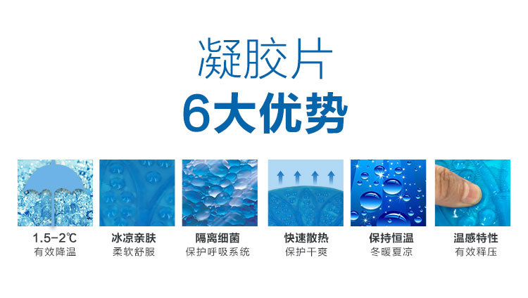 凝膠枕頭片6大優勢: 有效降溫1.5-2度 冰涼親膚,柔軟舒服 隔離細菌,保護呼吸系統 快速散熱,保護干爽 保持恒溫,冬曖夏涼